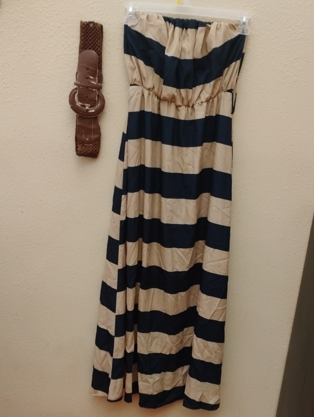 Poetry Strapless Navy and Cream Horizontal Stripe Maxi Dress